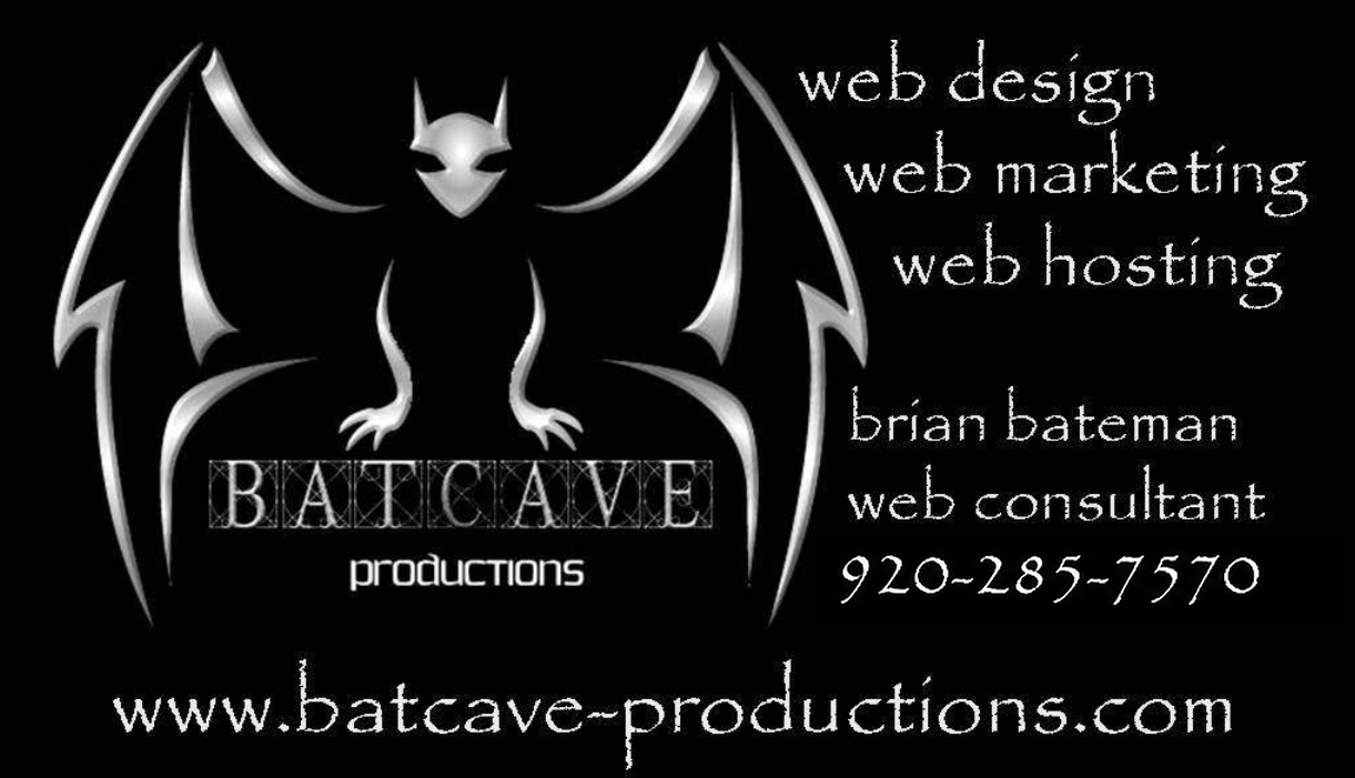 Original Batcave Productions business card with Brian Bateman’s silver bat logo, web design, web marketing, web hosting and phone 920-285-7570.