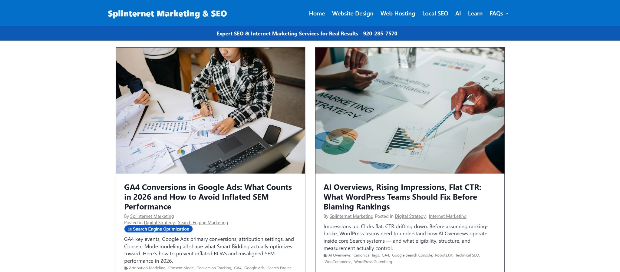 Splinternet Marketing homepage with articles about website analytics and search marketing
